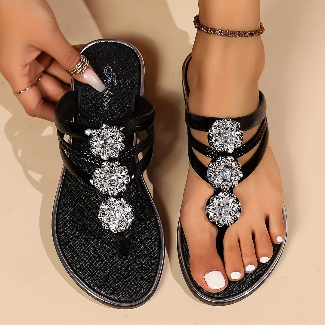 Elegant women's slip-on thong sandals, orthopedic comfort & dazzling rhinestones, perfect for summer fashion.