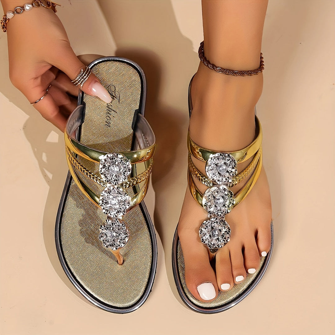 Comfortable women's flat thong sandals, dazzling with rhinestones & orthopedic arch support for daily wear.