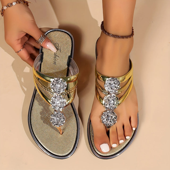 Comfortable women's flat thong sandals, dazzling with rhinestones & orthopedic arch support for daily wear.