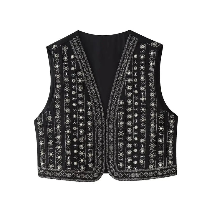 Women's dazzling sequin embroidered boho vest. Sleeveless, perfect for festivals & layering chic style.