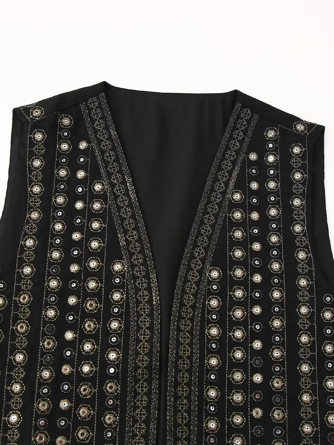Glamorous women's boho vest with sparkling sequins & intricate embroidery. Sleeveless layering top for chic outfits.