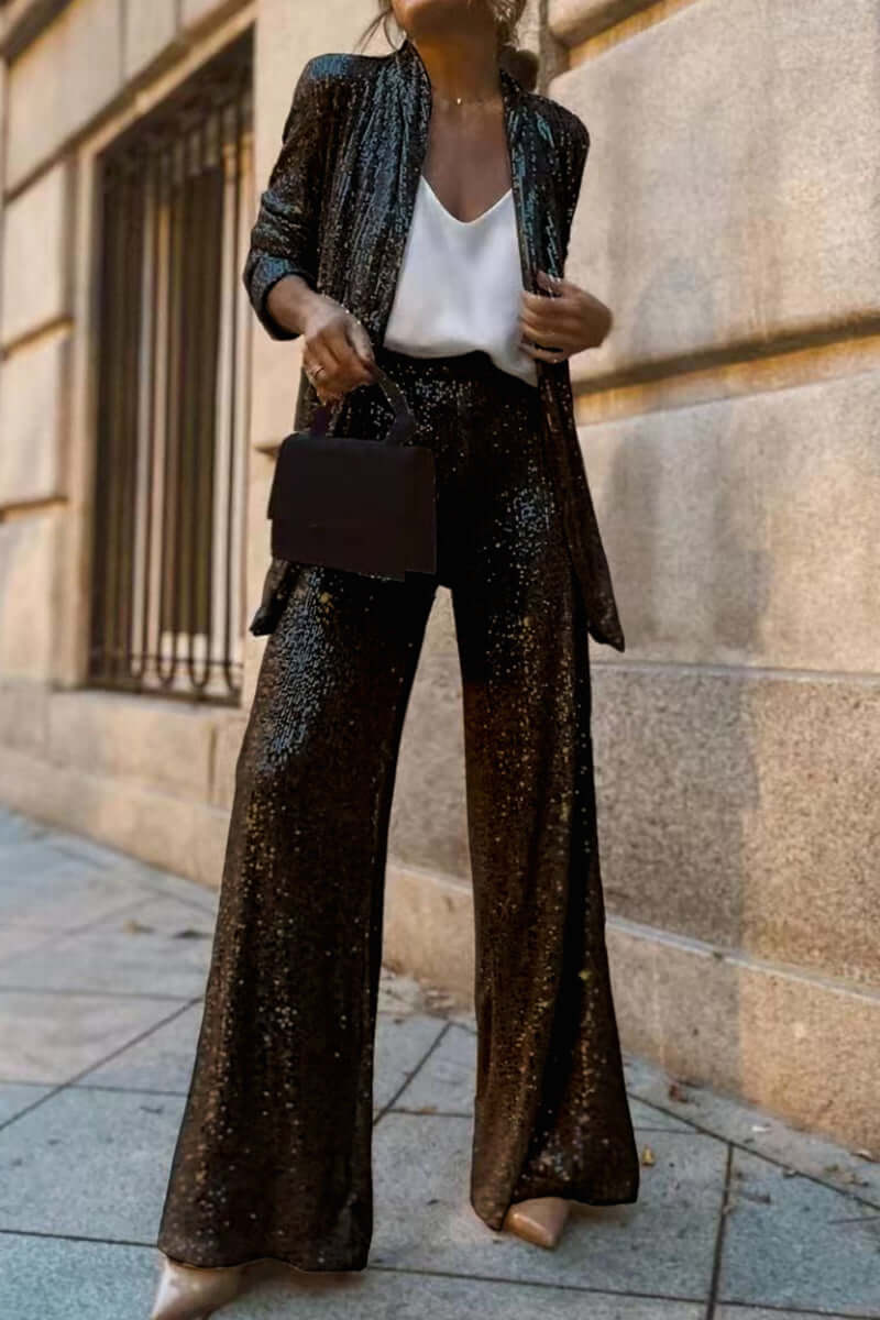 Glamorous women's two-piece sequin suit set; long sleeve jacket & wide leg pants for special occasions.