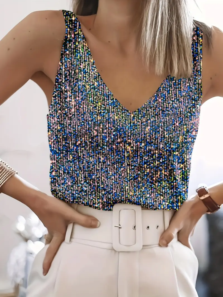 Dazzling women's sequin sleeveless party top, chic evening wear for festive events and glamorous nights.