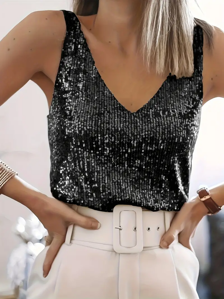 Glamorous women's sequin tank top with shimmer and sparkle, a stylish sleeveless fashion top.