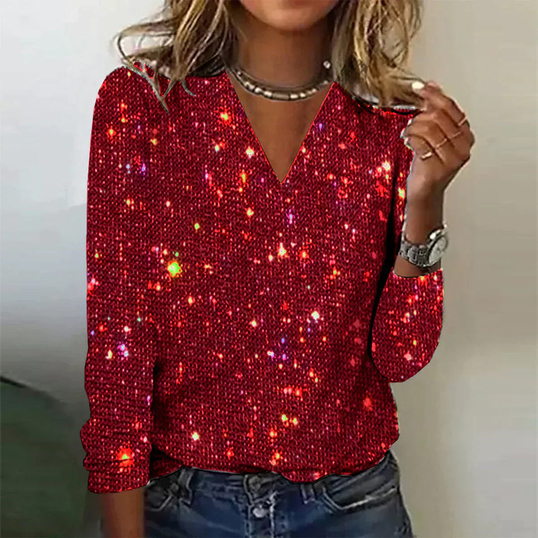 Elegant V-neck sequin top for women, a stylish knit for festive apparel & dazzling party outfits. Chic & comfortable.