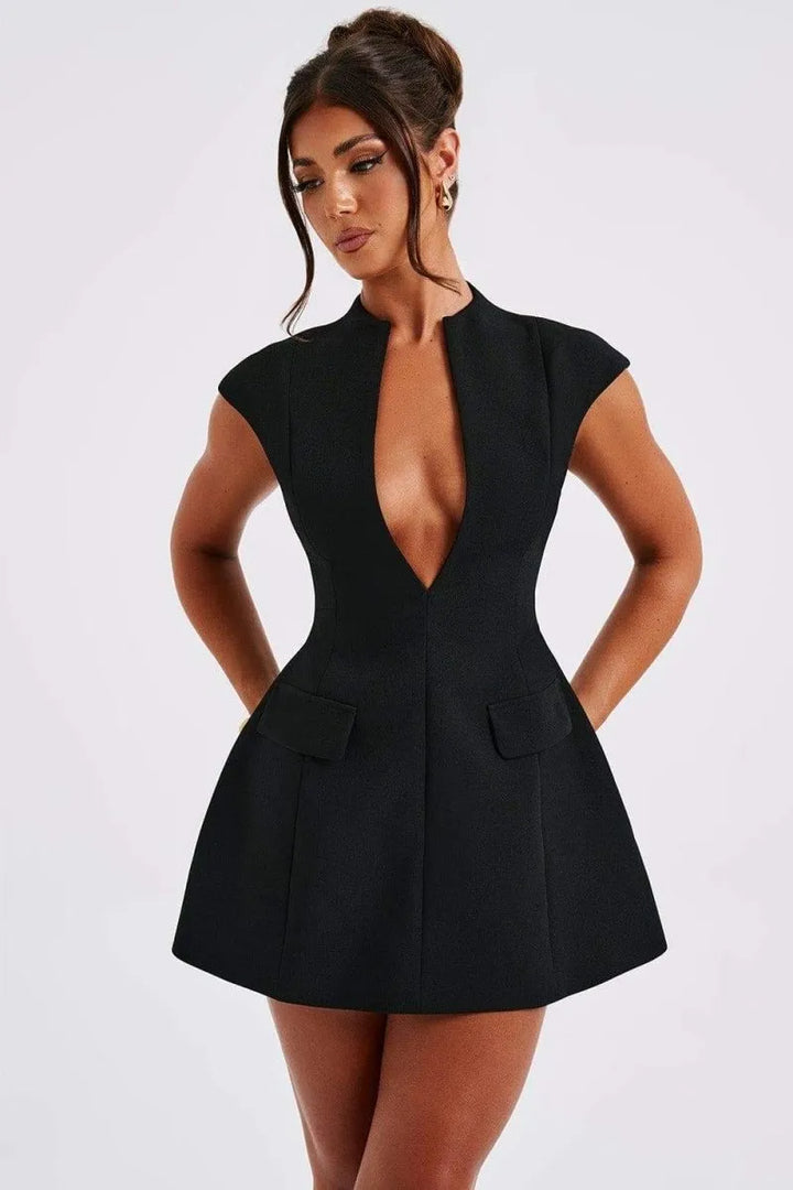 Versatile women's mini dress: deep V-neck, cap sleeves, and patch pockets for comfortable, chic all-day wear.