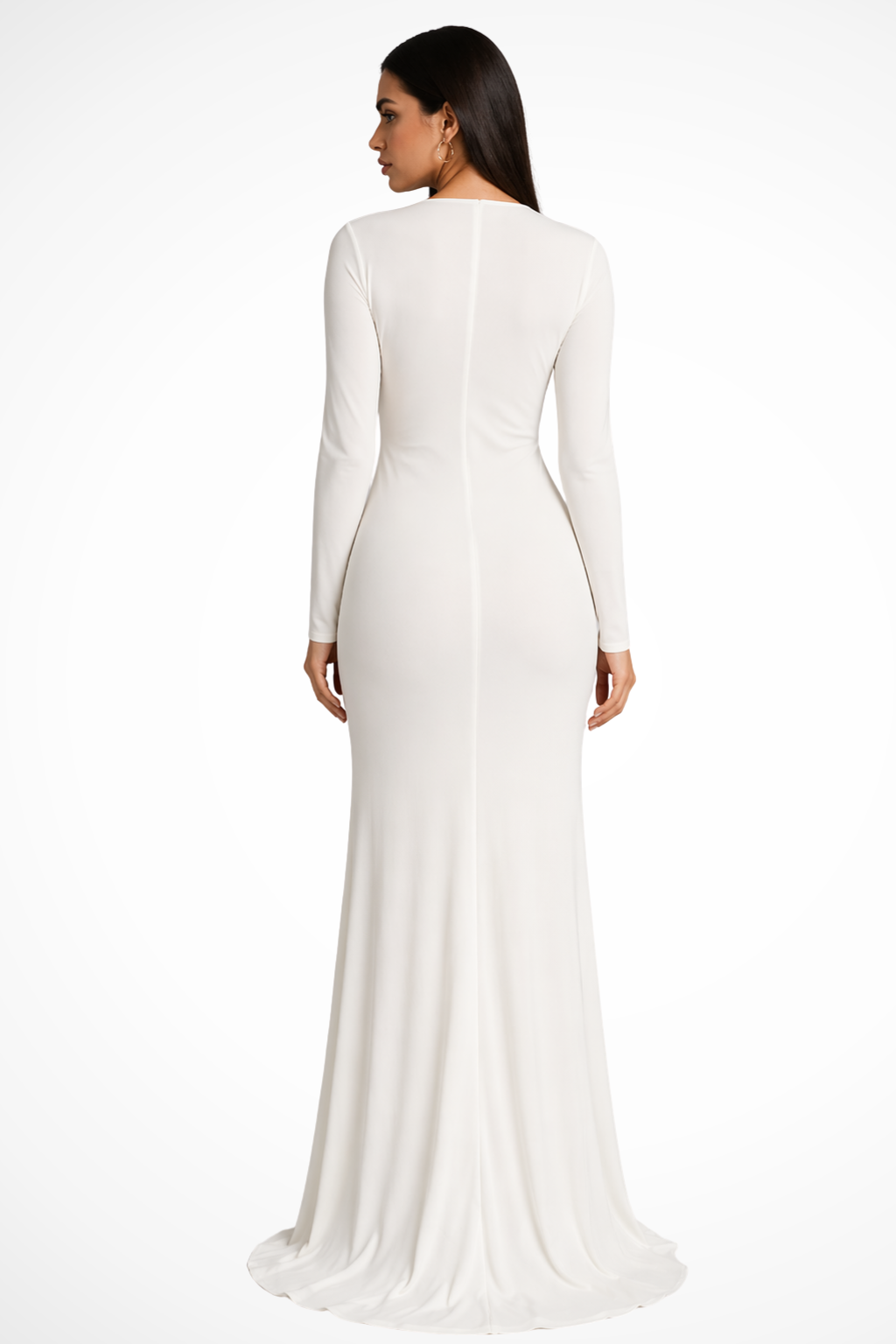 Full length women's formal maxi dress with deep V neck, long sleeves & side slit, an elegant evening gown.