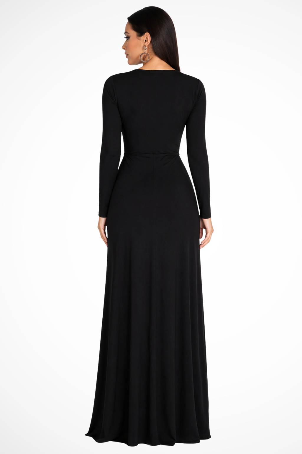 Side view of women's long sleeve maxi dress featuring a high side slit, perfect for parties.