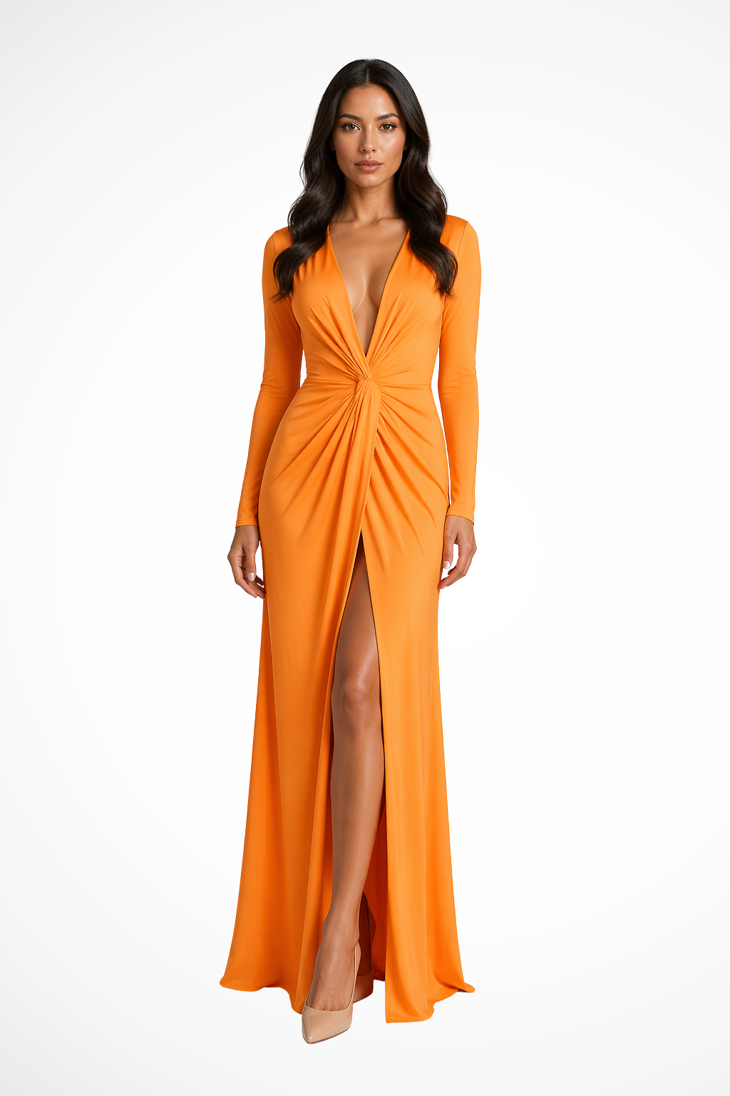 Fabric detail of a women's elegant deep V neck long sleeve formal maxi dress for evening wear.