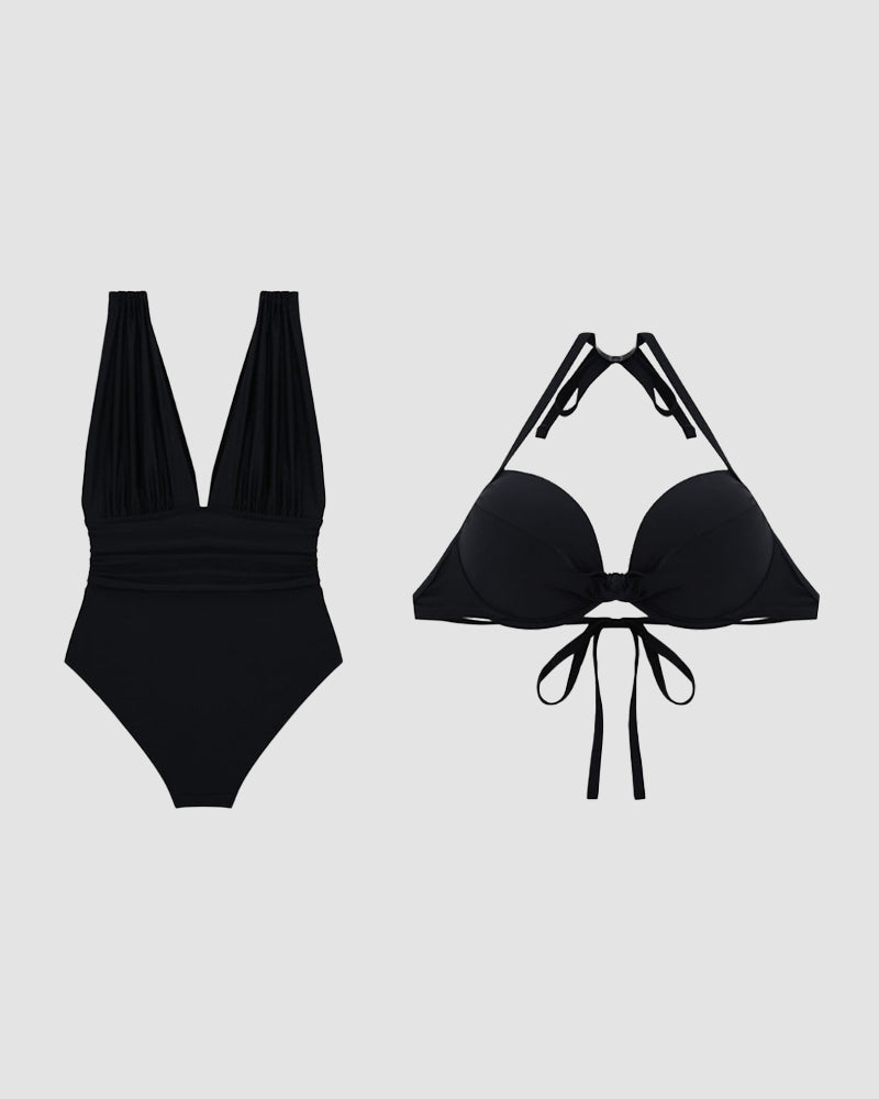 Stylish women's shaping swimsuit featuring a deep V-neck. Comfortable one-piece swimwear for a flattering beach look.