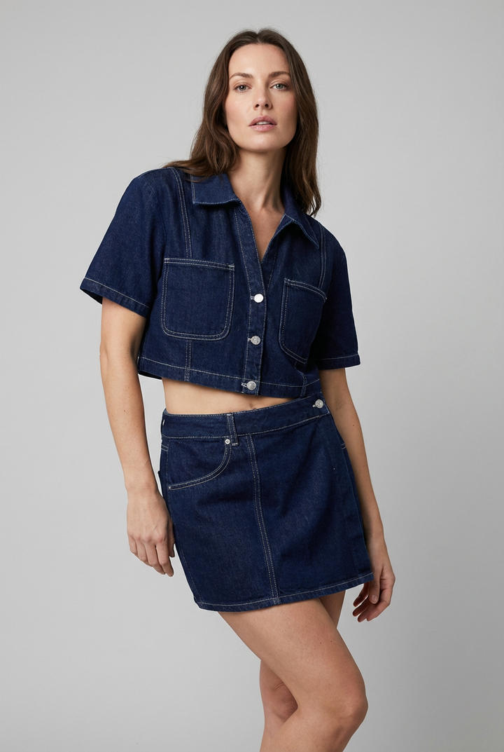 Women's denim style cropped shirt & mini skirt co-ord set with contrast stitch. Perfect summer two-piece.