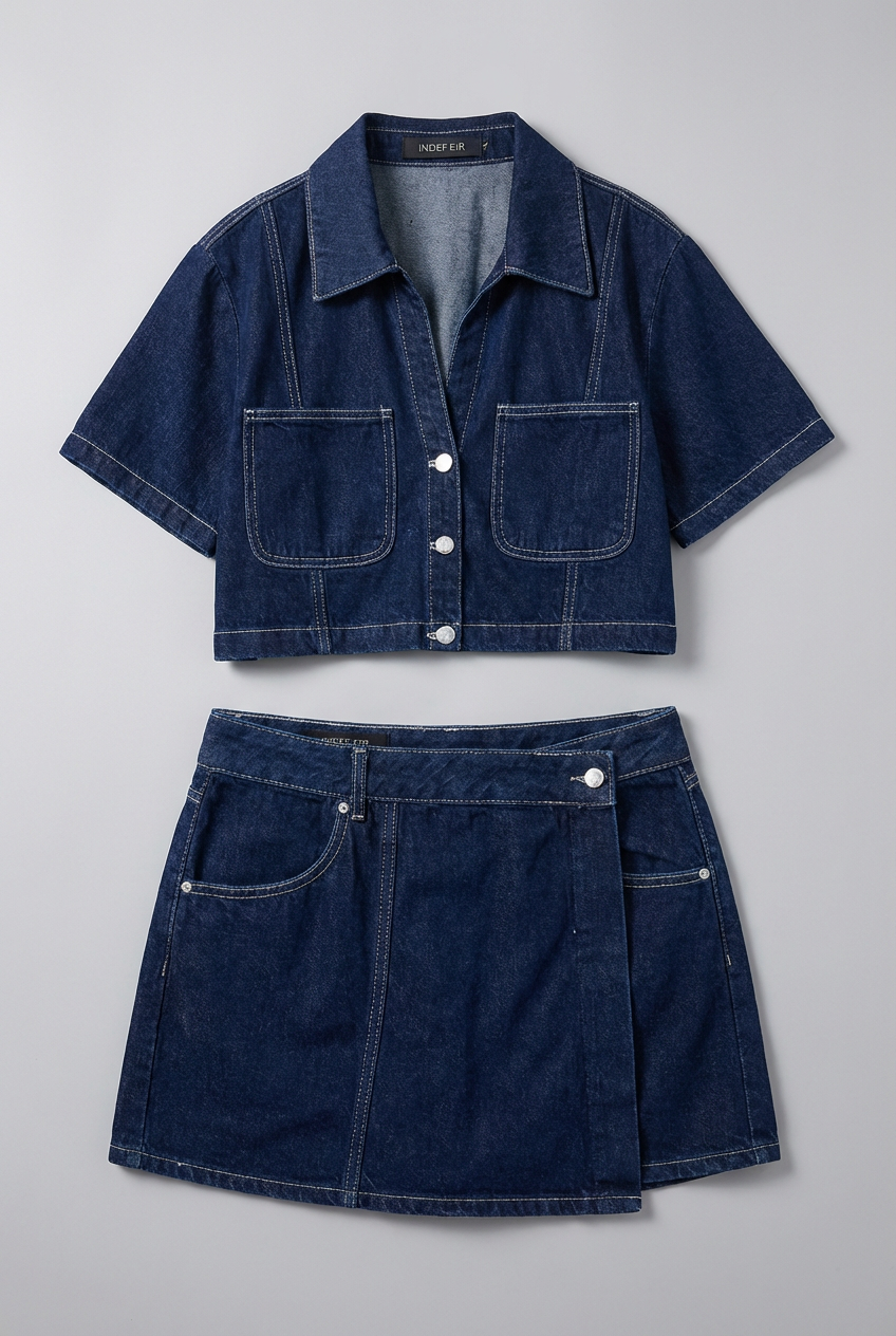 Chic women's denim-style cropped shirt & mini skirt co-ord set featuring trendy contrast stitching. Summer fashion.