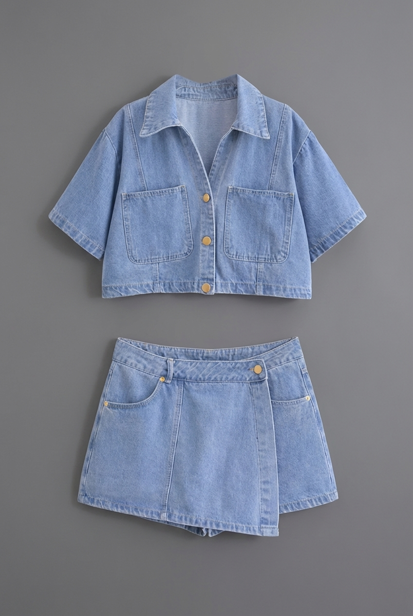 Trendy women's two-piece denim style set: cropped shirt & mini skirt with fashionable contrast stitching details.