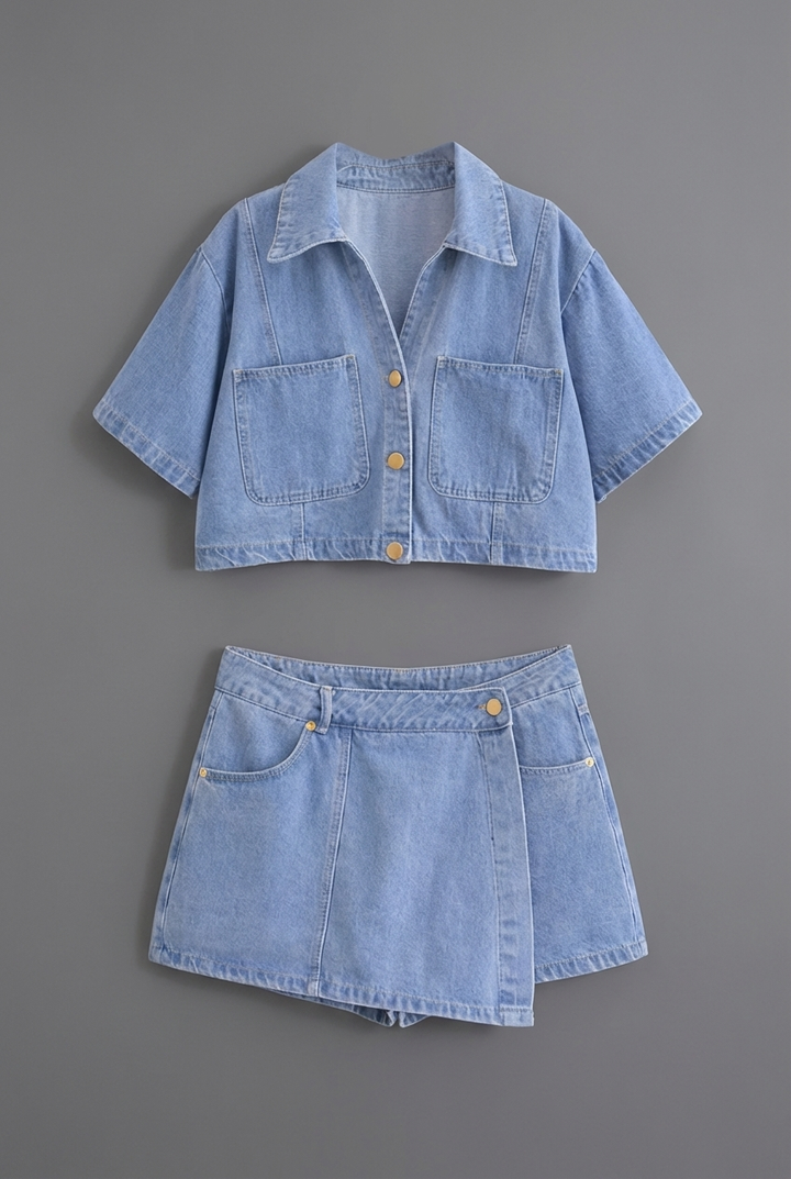 Trendy women's two-piece denim style set: cropped shirt & mini skirt with fashionable contrast stitching details.