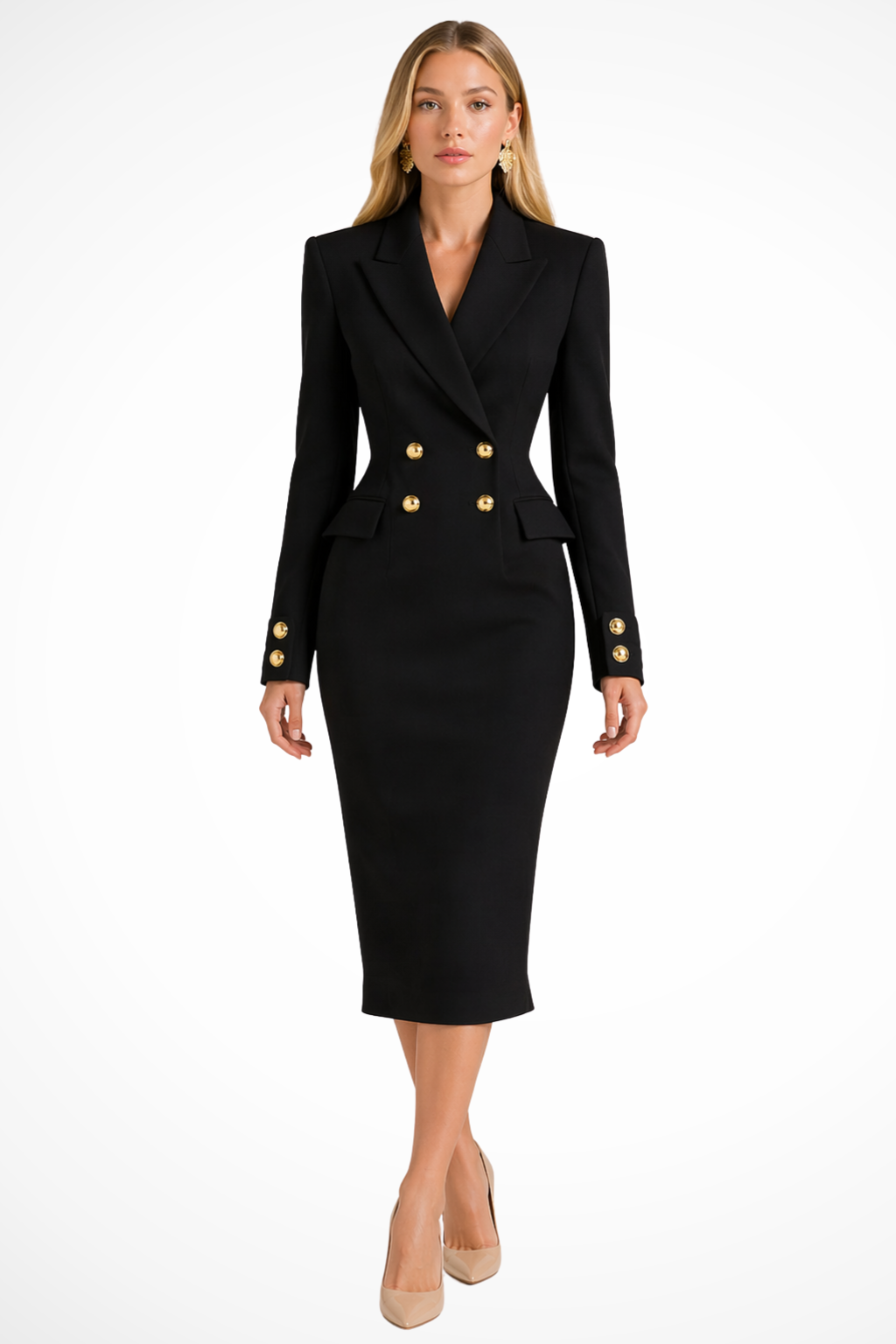 Tailored women's blazer midi dress, double-breasted design with luxurious gold buttons. Versatile women's fashion.