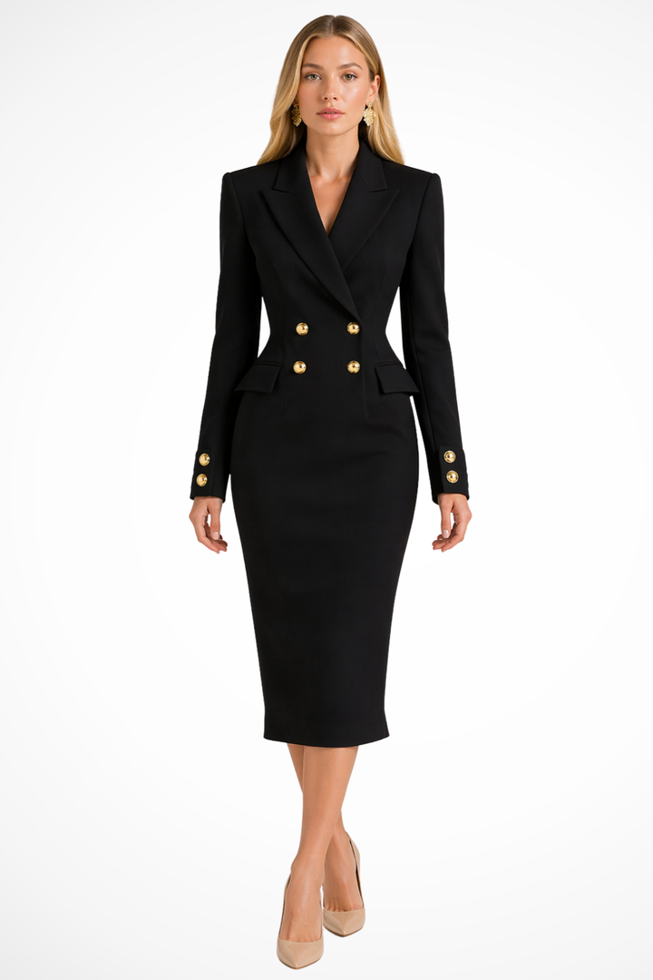 Tailored women's blazer midi dress, double-breasted design with luxurious gold buttons. Versatile women's fashion.