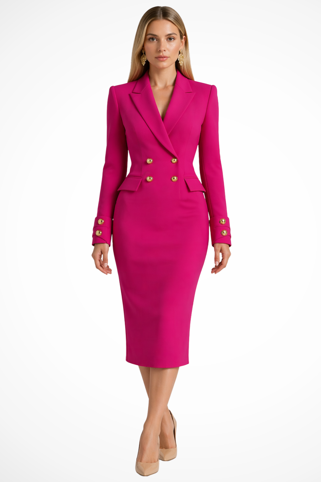 Stunning women's double-breasted midi dress, styled like a blazer with prominent gold buttons. Elegant and modern.