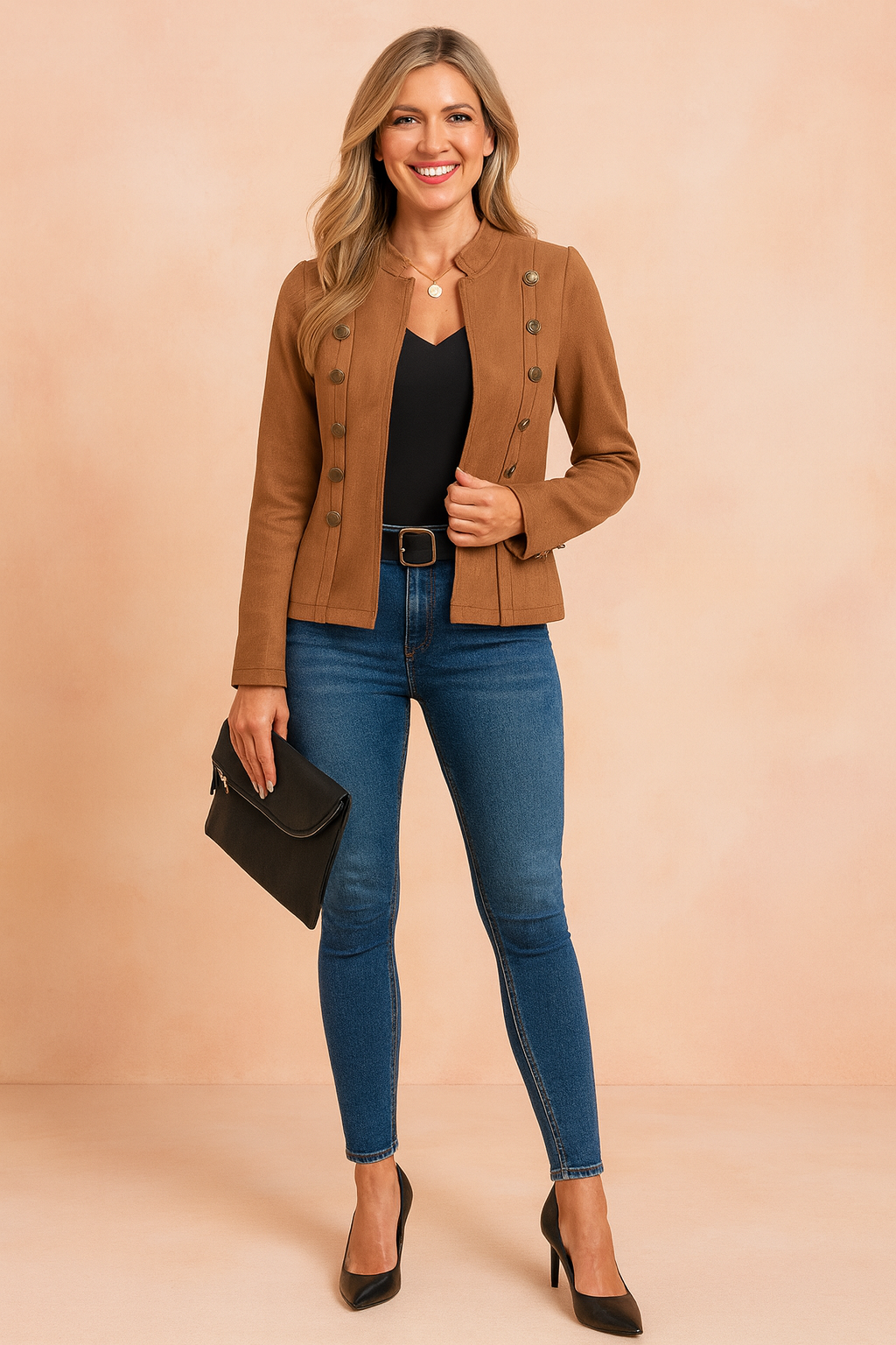 Women's double-breasted blazer style short jacket in navy blue.