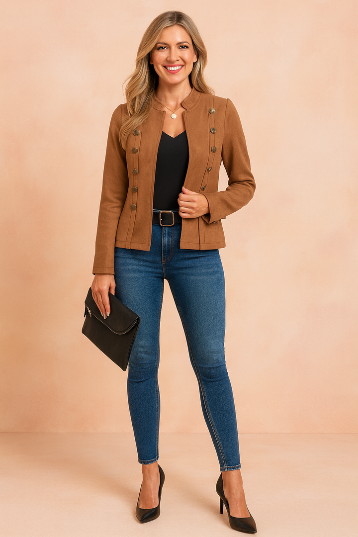 Women's double-breasted blazer style short jacket in navy blue.