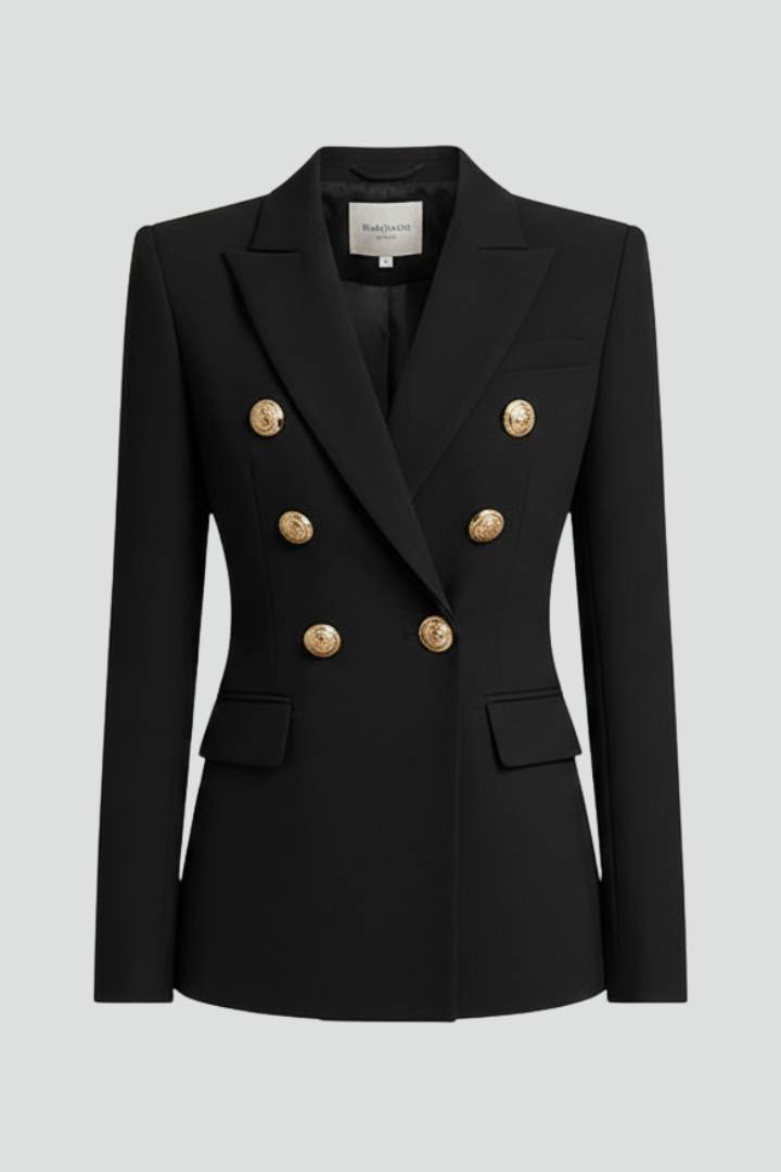 Women's double-breasted blazer with gold-tone buttons, tailored fit, elegant fashion statement.