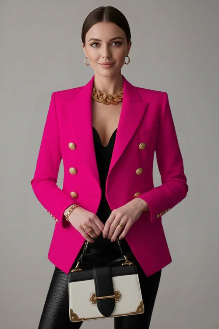 Light summer style women's double-breasted blazer, gold buttons, tailored for chic versatility.