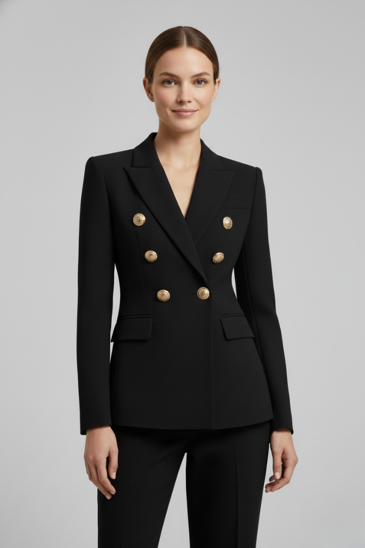 Chic black double-breasted women's blazer with prominent gold buttons, ideal for office wear.