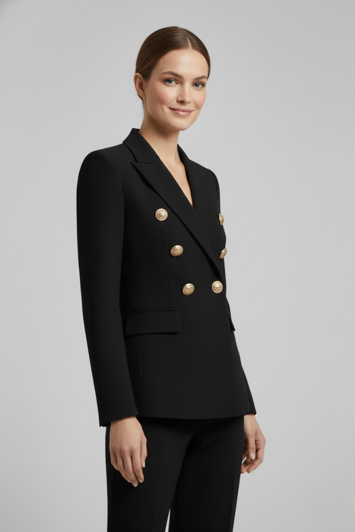 Elegant white double-breasted blazer for women, featuring stylish gold-tone buttons, versatile style.