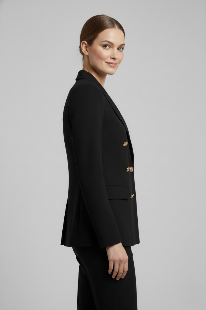 Sophisticated women's tailored blazer, double-breasted design with gold buttons, perfect formal wear.
