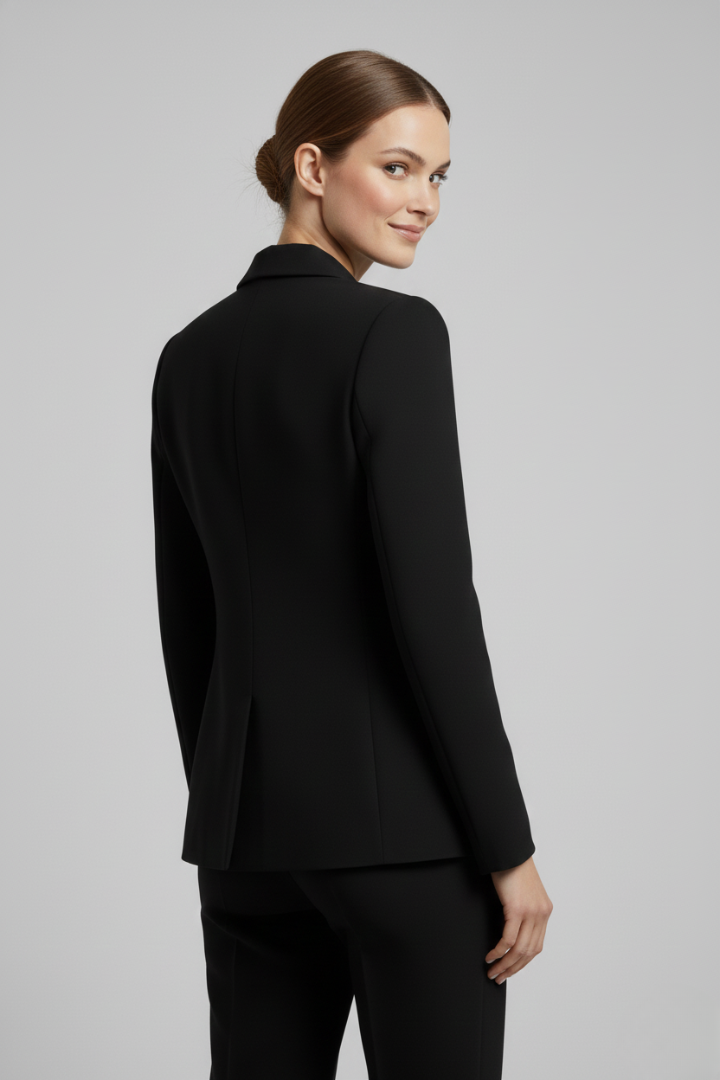 Women's double-breasted jacket with classic gold-tone buttons, a modern chic outerwear piece.