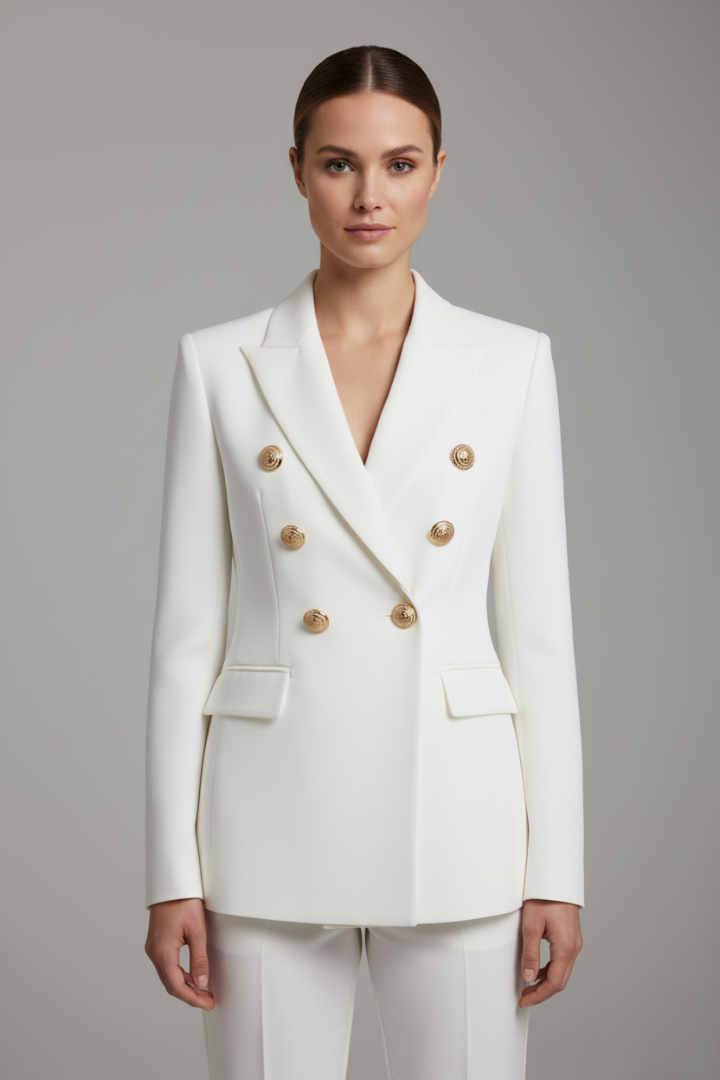 Versatile women's blazer, double-breasted with gold buttons, suitable for office, summer, or elegant events.