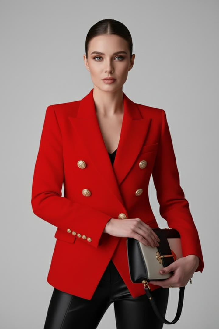 Tailored women's double-breasted blazer, featuring elegant gold buttons for a polished, sophisticated look.