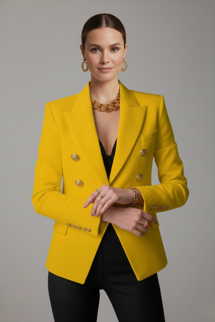 Stylish women's double-breasted blazer with gold button details, a perfect chic outerwear for any occasion.
