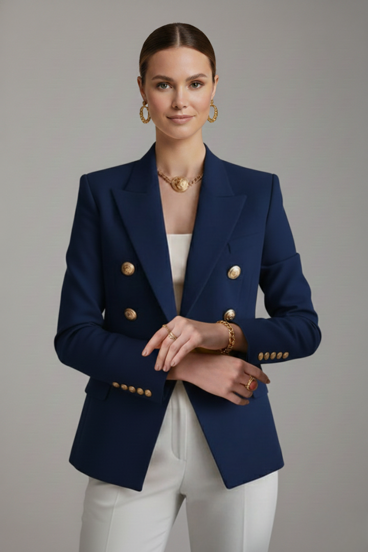 Elegant women's double-breasted blazer with shining gold buttons, a sophisticated office wear essential.