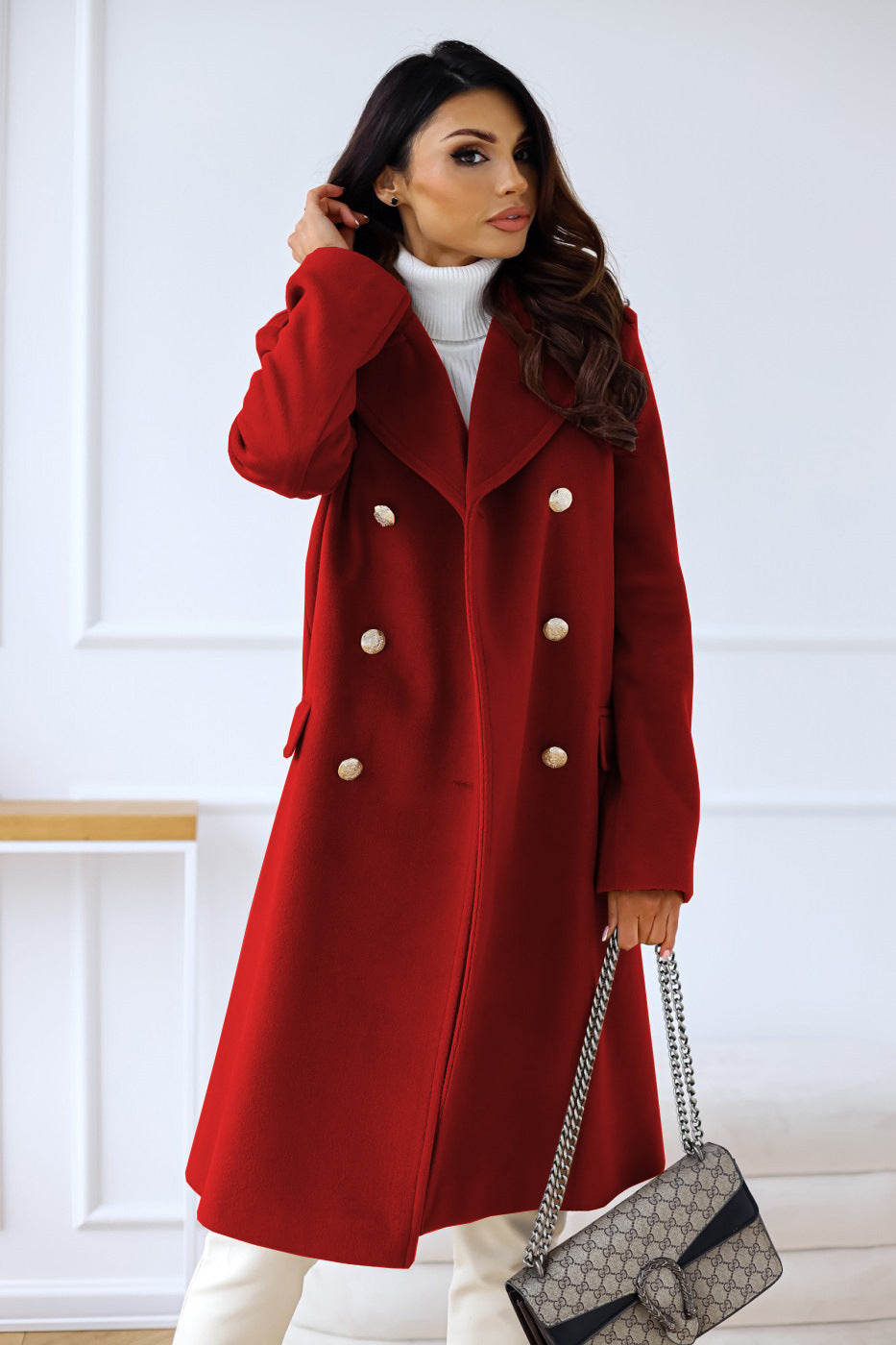 Classic double-breasted long coat for women, warm and chic for winter weather.