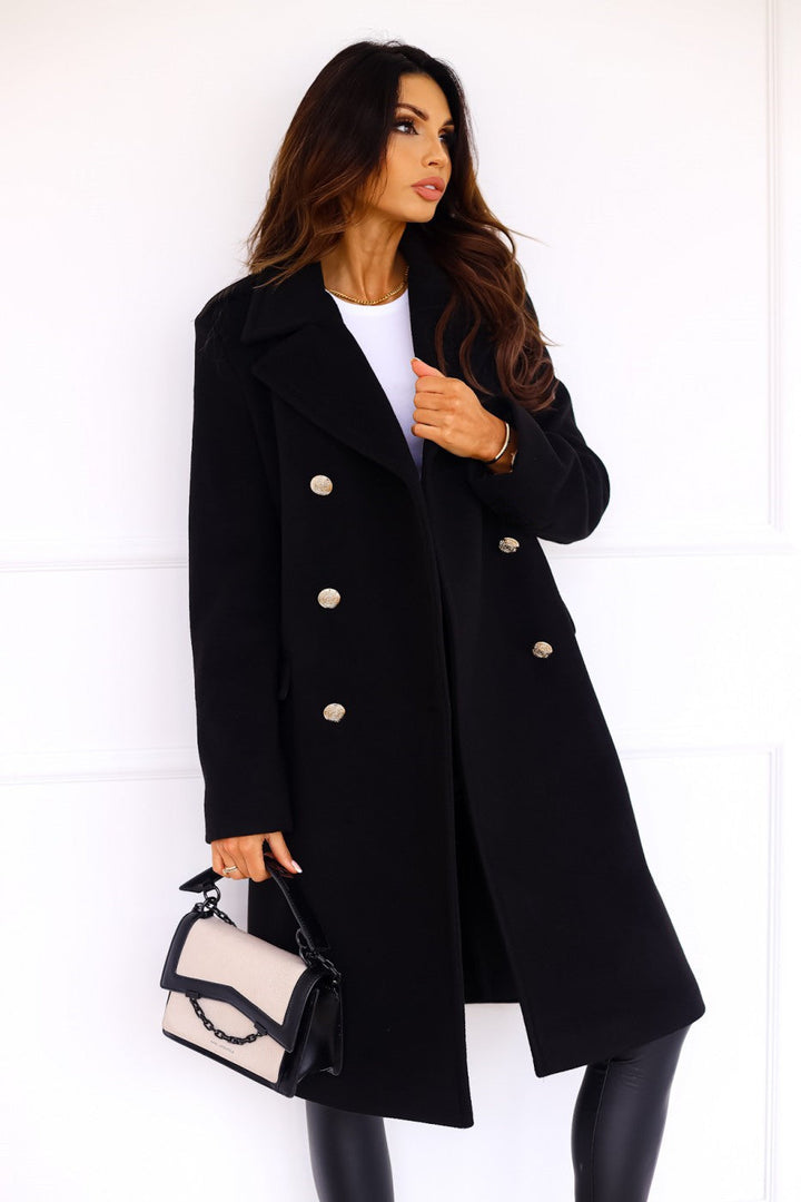 Warm ladies double-breasted coat, a versatile long jacket for cold weather.