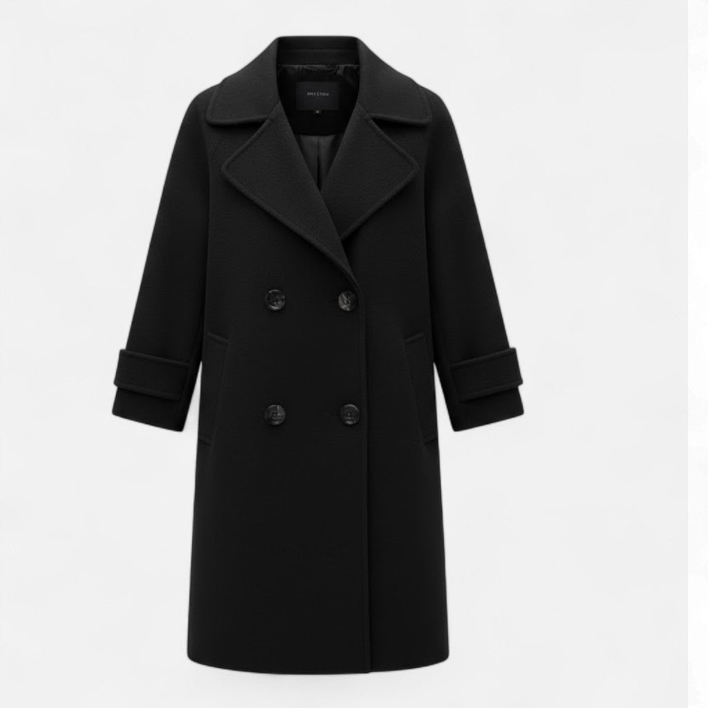 Women's double-breasted slim fit coat in classic black, elegant outerwear.