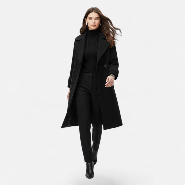 Elegant slim fit coat for women, featuring timeless double-breasted design.