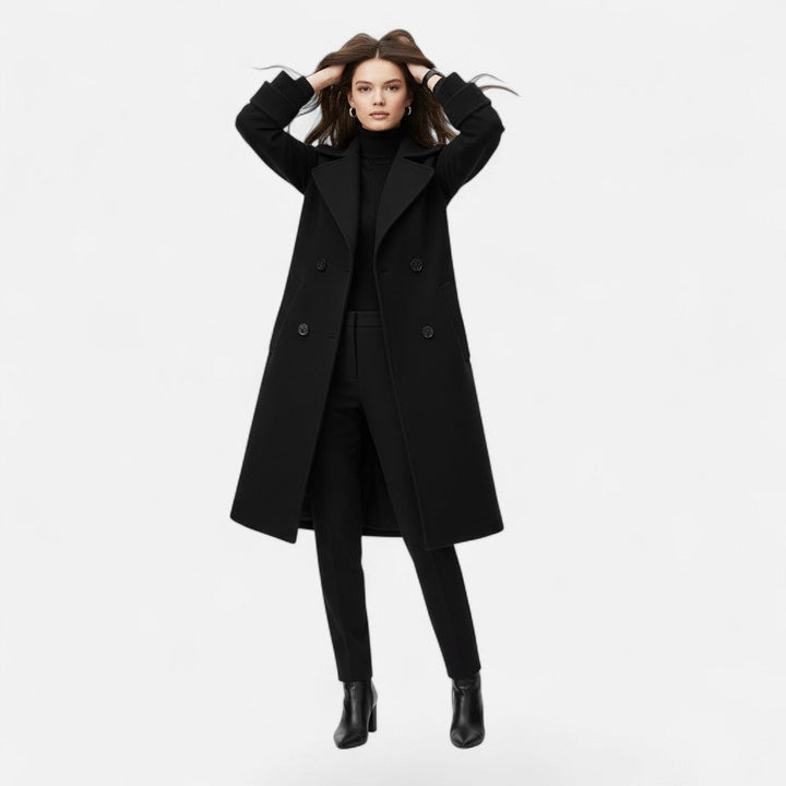 Sophisticated women's outerwear: slim fit double-breasted fall fashion coat.