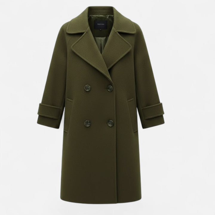 Timeless women's fashion coat, slim fit double-breasted silhouette.