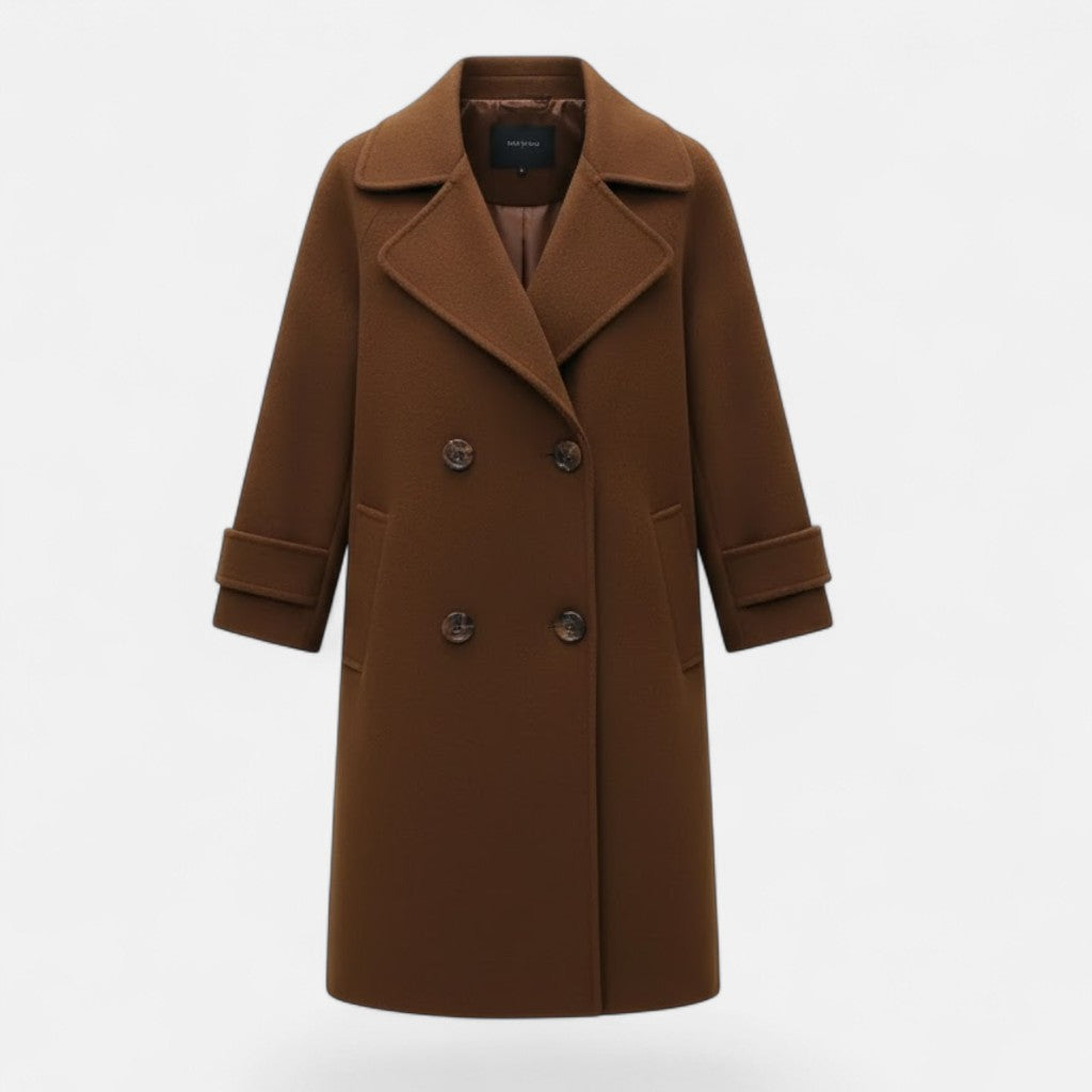 Model wearing an elegant women's slim fit double-breasted coat outdoors.