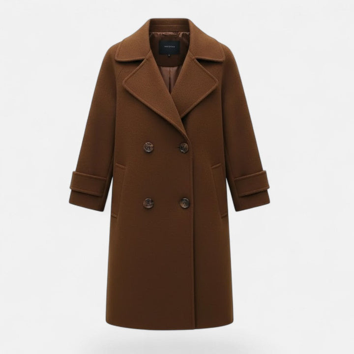 Model wearing an elegant women's slim fit double-breasted coat outdoors.
