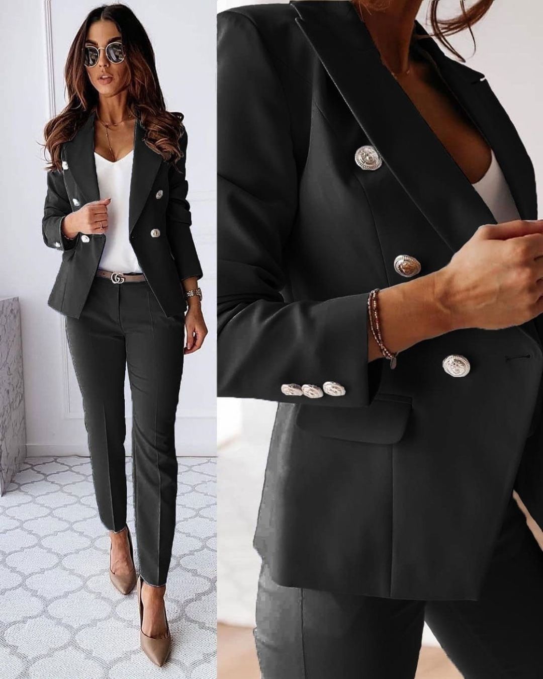 Chic women's power suit: double-breasted tailored blazer & matching pants for a sharp, professional look.