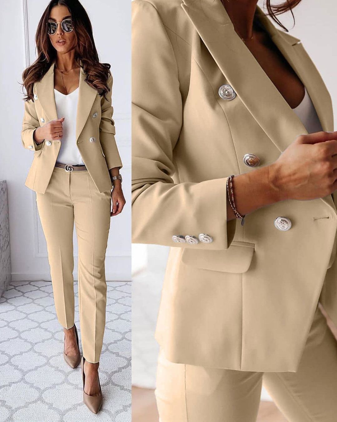 Sophisticated women's double-breasted suit set, offering a tailored fit for formal & business occasions.