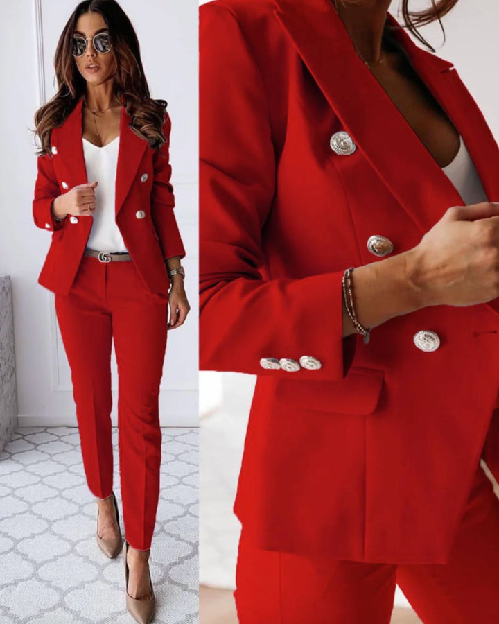 Women's tailored business suit set, double-breasted blazer & pants, designed for a modern professional look.