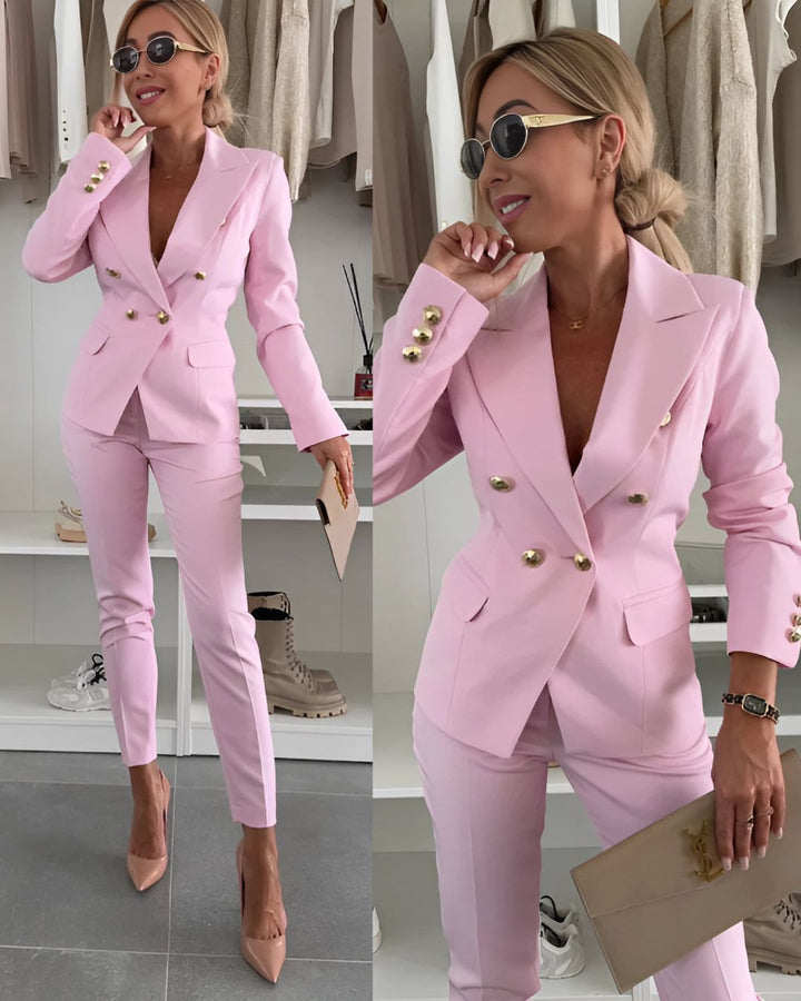 Classic women's formal suit set featuring a double-breasted tailored blazer & complementary trousers.
