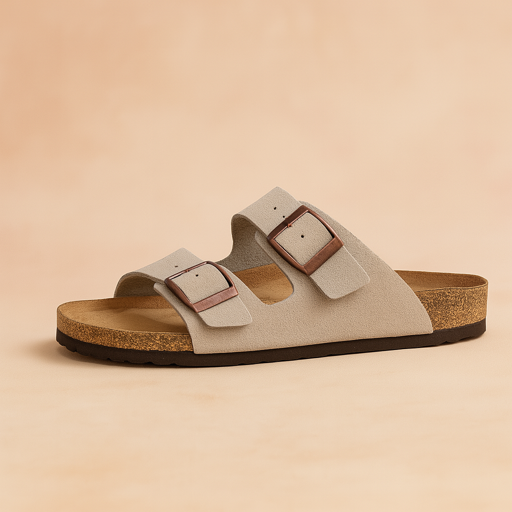 Women's double buckle slides, perfect for everyday comfort. Adjustable straps, slip-on style.