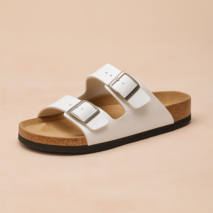 Comfortable women's slides with adjustable double buckles. Easy slip-on everyday summer footwear.