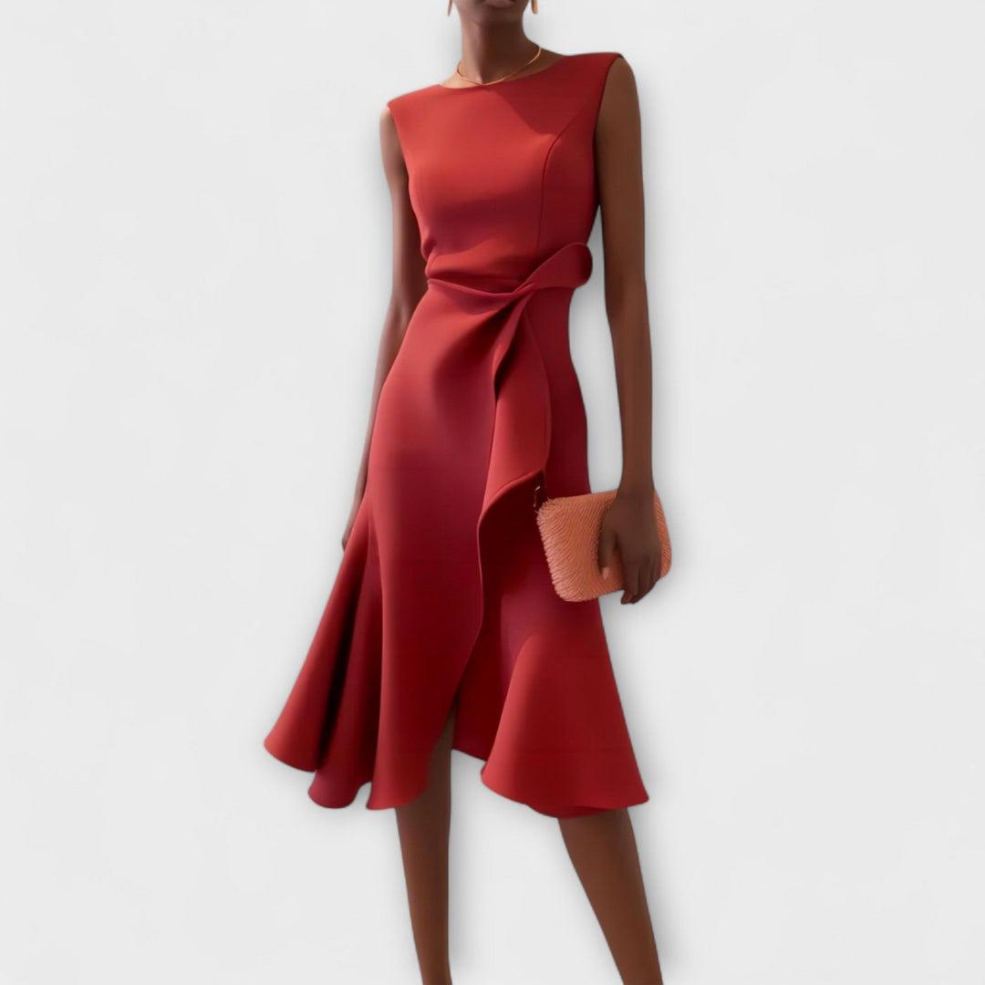 Women's draped asymmetric A-line midi dress. Elegant wedding guest or party dress, sleeveless.