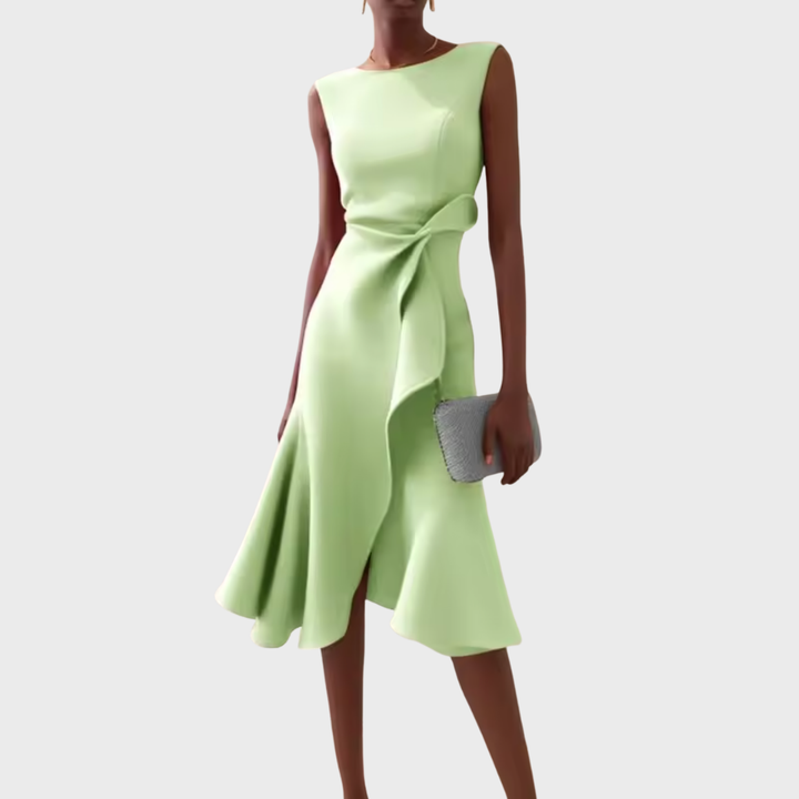 Elegant women's occasion dress. Draped asymmetric A-line midi silhouette, perfect for weddings & parties.