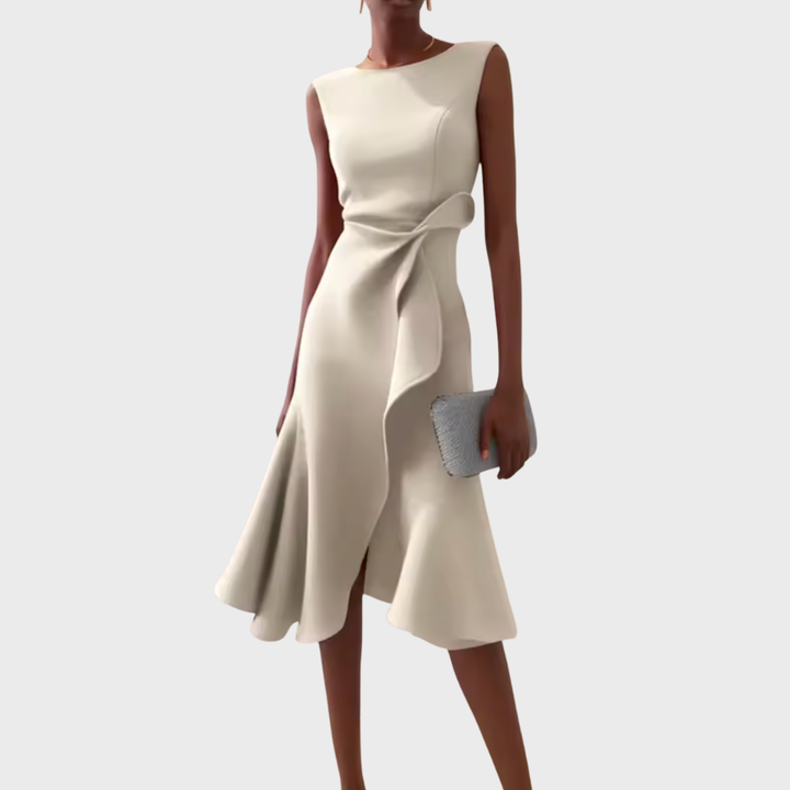 Chic women's cocktail & wedding guest midi dress. Draped asymmetric A-line, sleeveless design.